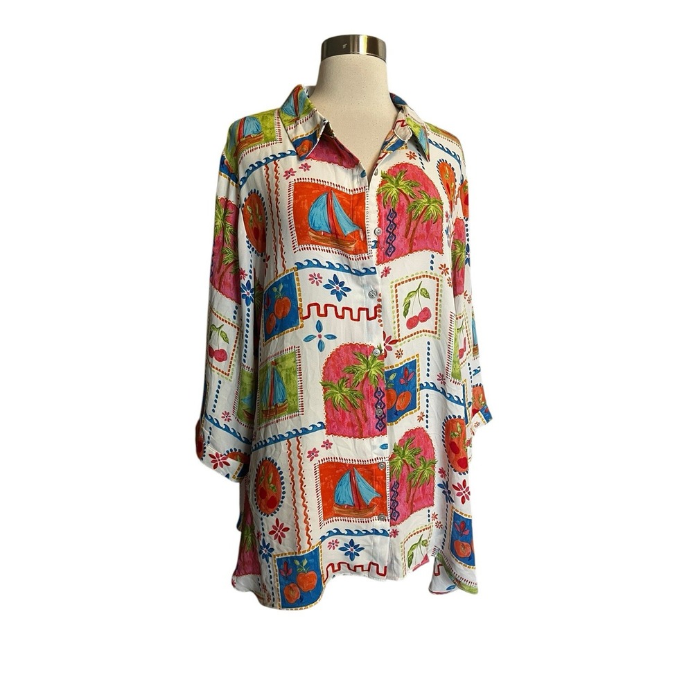 Rose And Olive Palm Print Shirt Top 2X Colorful Long Sleeve Summer Vacation